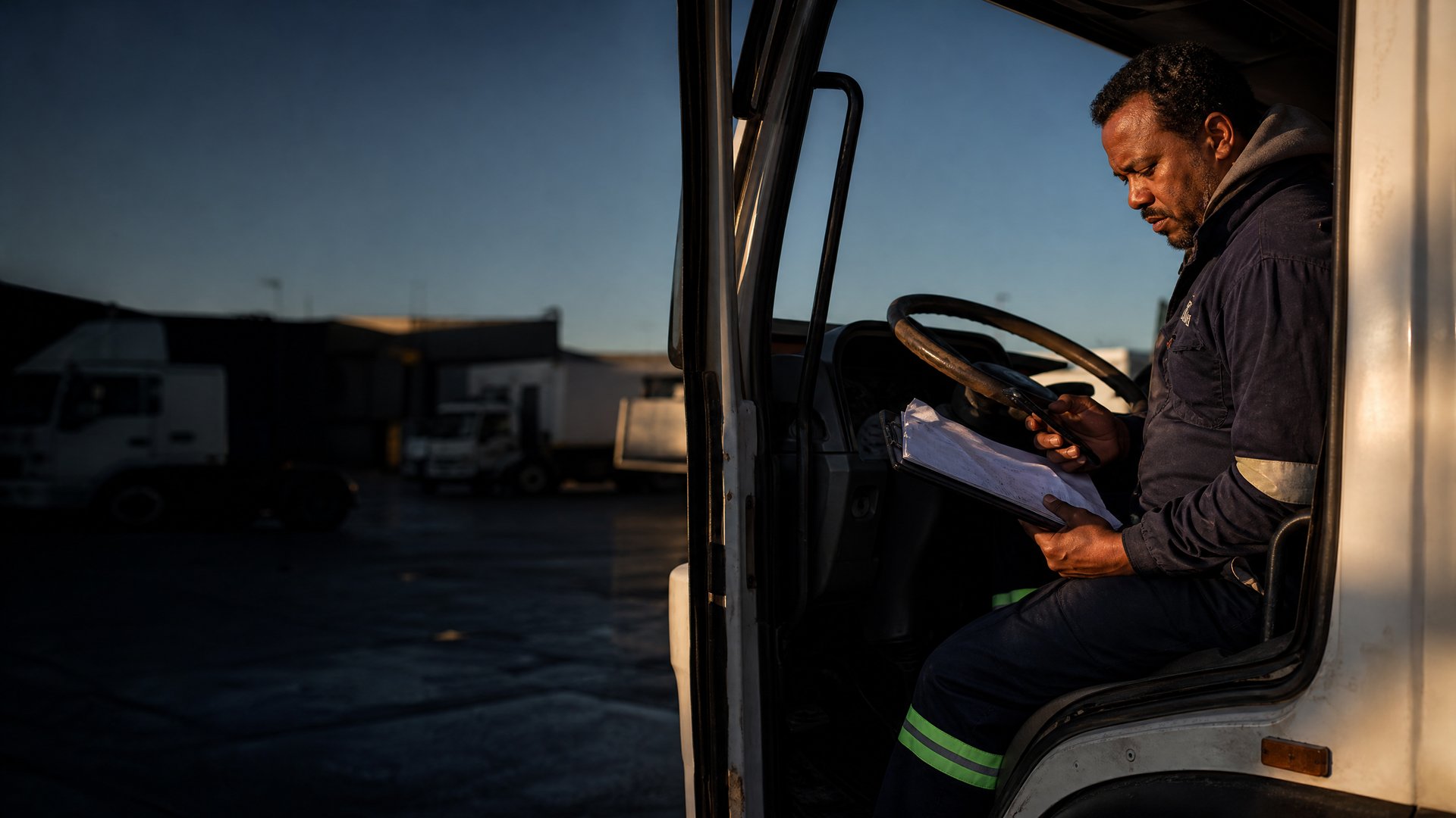 A delivery driver checks a paper manifest against his phone in the cab of his truck at dawn in a Gauteng logistics yard.