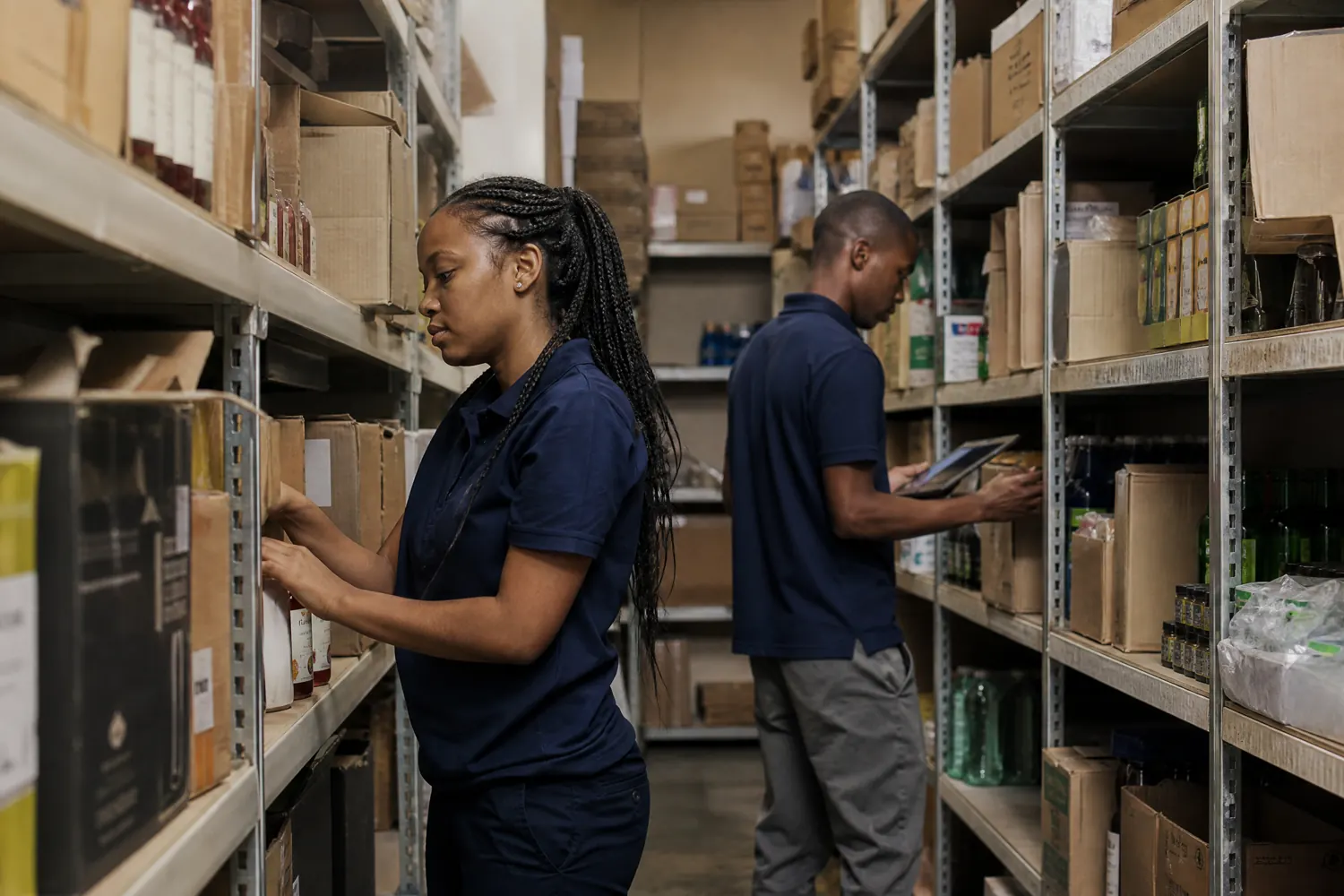 Two retail staff check stock on back-of-house shelving in a stockroom.