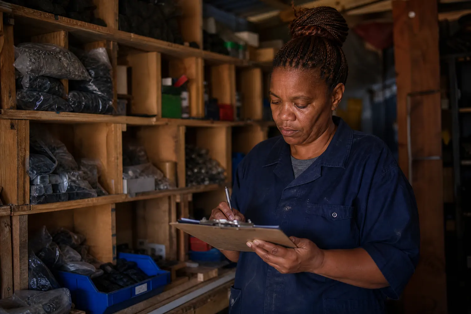 A small business owner checks stock against a clipboard in her own modest storeroom.