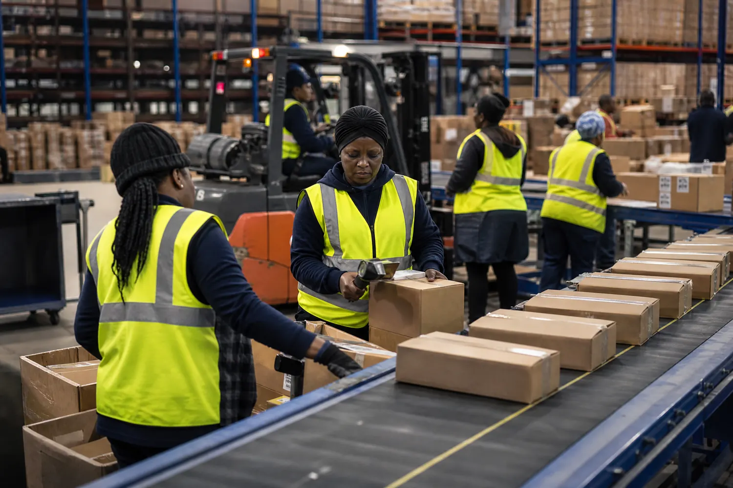 Warehouse staff pack and scan boxes on a conveyor line, a forklift moving behind them.