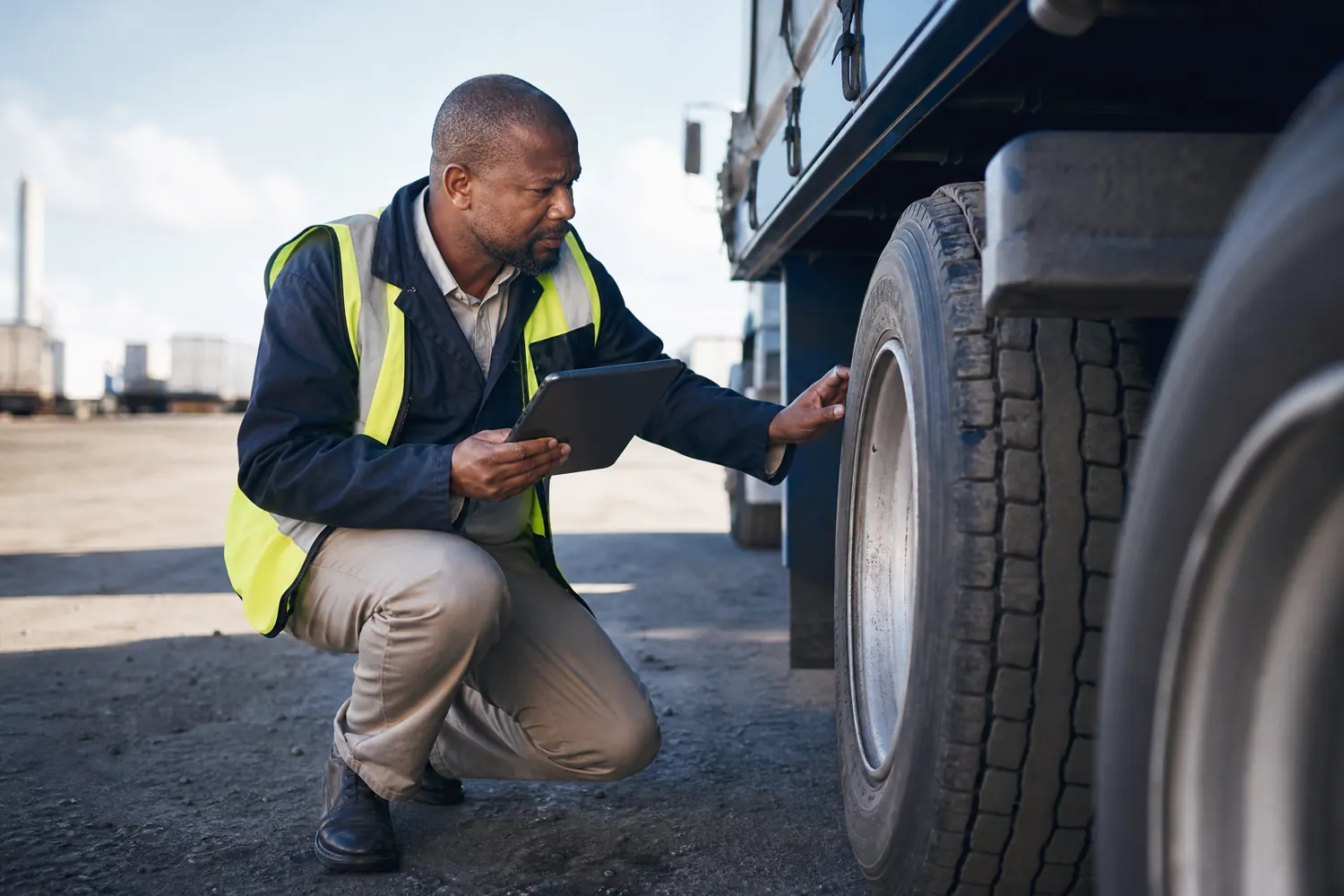 An inspector in hi-vis kneels beside a truck's wheel, checking it against a tablet in a depot yard.