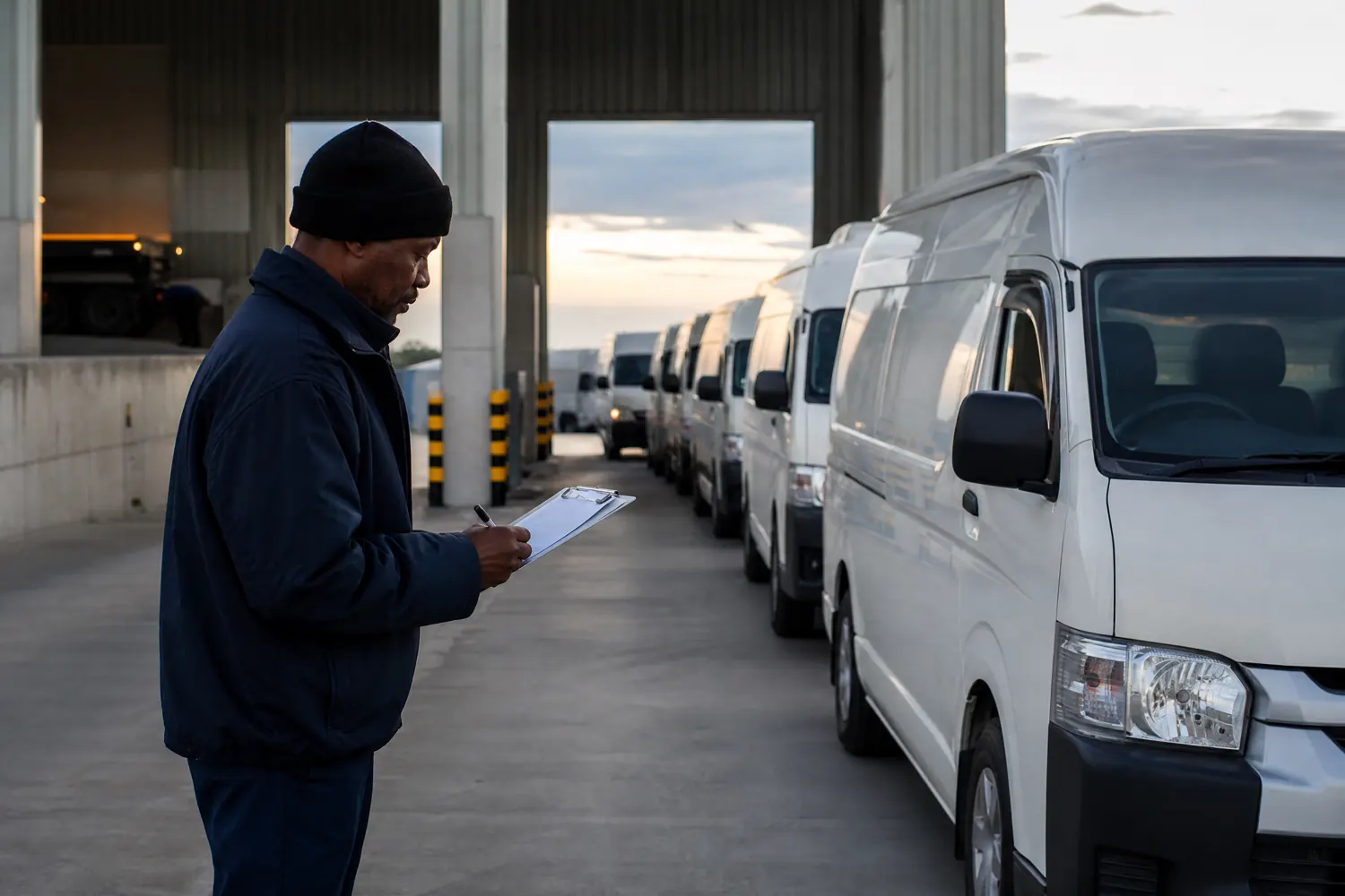 A driver checks a delivery manifest against a line of parked vans in a loading yard at dawn.