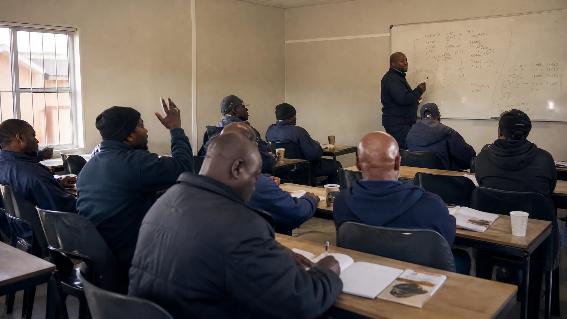 A facilitator works through cost calculations on a whiteboard with a room of delivery drivers, one with his hand raised.
